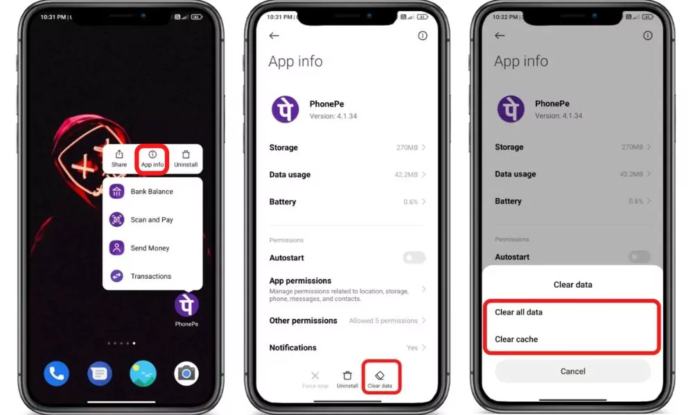 Clear cache data Phonepe