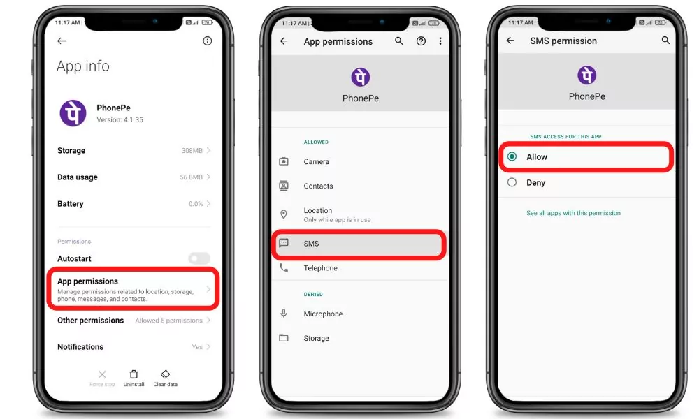 Allow permission SMS phonepe